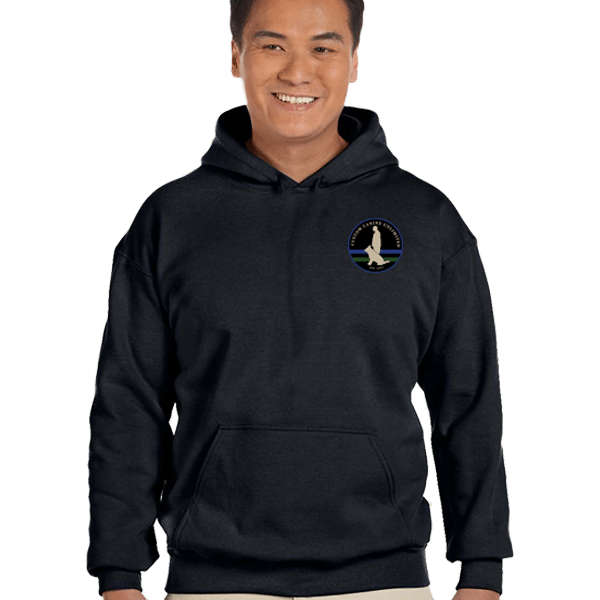 Black hooded sweatshirt with ccu logo on front left chest