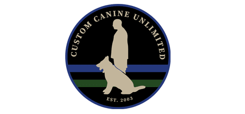 Black circle sticker with the Custom Canine Unlimited logo printed on it.
