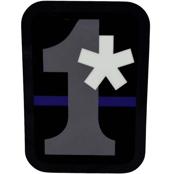 A rectangular decal with a thin blue line through a black background with the number "1" with an asterisk beside it.