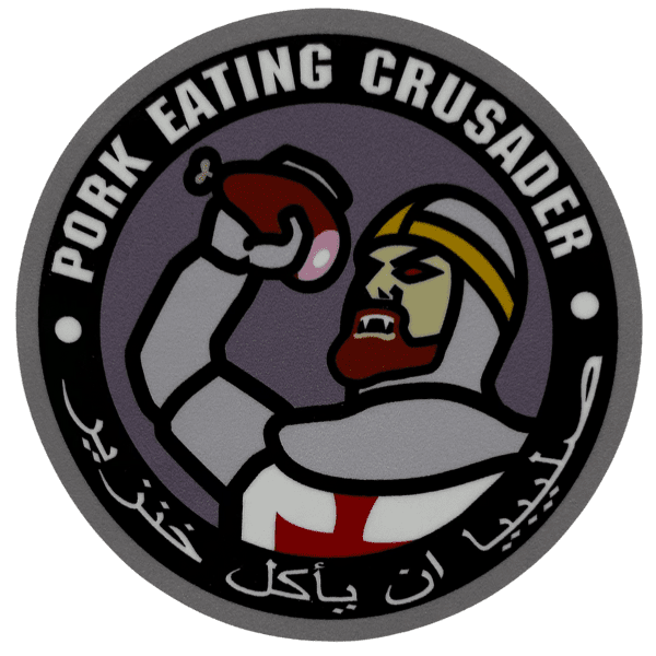 A circle sticker with a portrait of a crusader with the words Pork Eating Crusader on it in bold, white font.