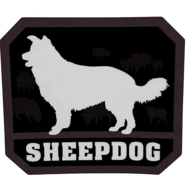 A sticker with a dark background and white silhouette of a herding dog with the word "SHEEPDOG" in bold white font.