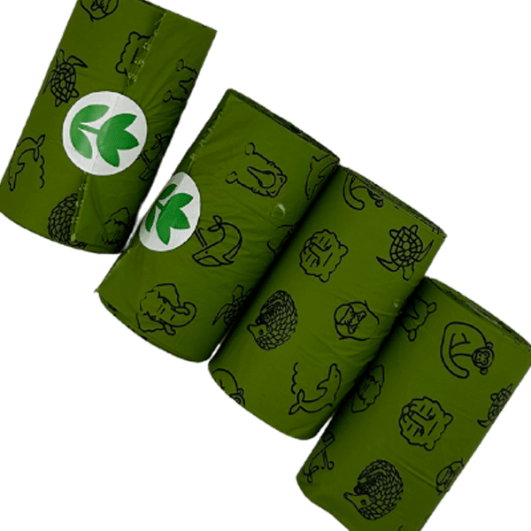 4 Green poop bag rolls with black animal print