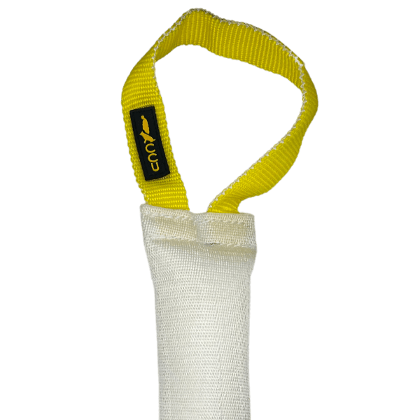 Close up of a white fire hose bit tug with yellow handles and the CCU logo