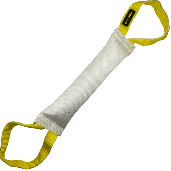 White Fire Hose Bite Tug with Yellow Handles with the CCU Logo