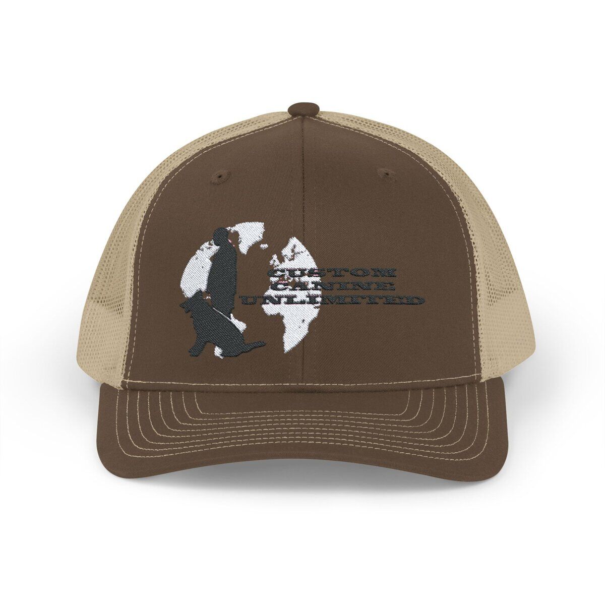 Trucker Cap with Black Custom Canine Unlimited Logo on White Globe with Name - Image 37