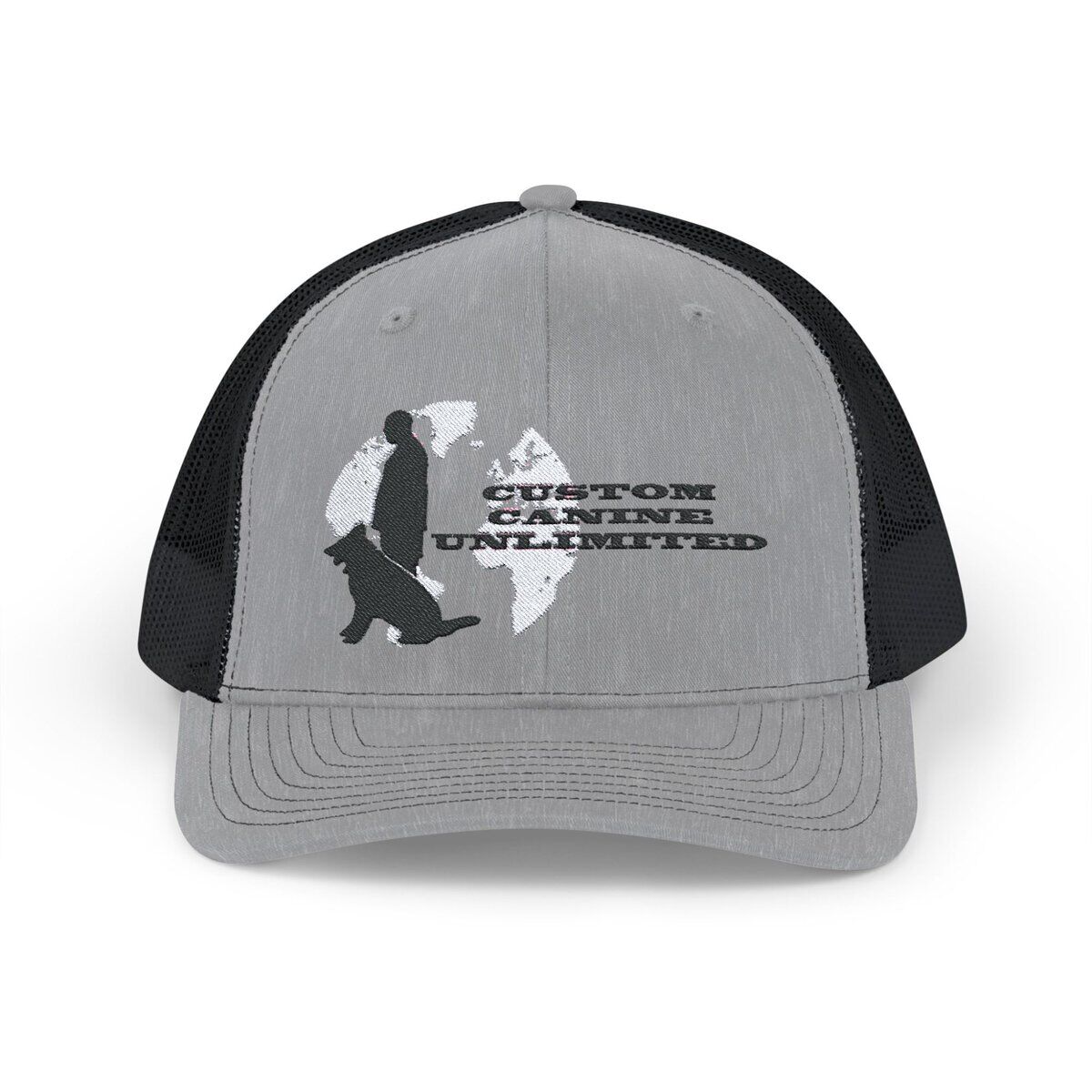 Trucker Cap with Black Custom Canine Unlimited Logo on White Globe with Name - Image 2