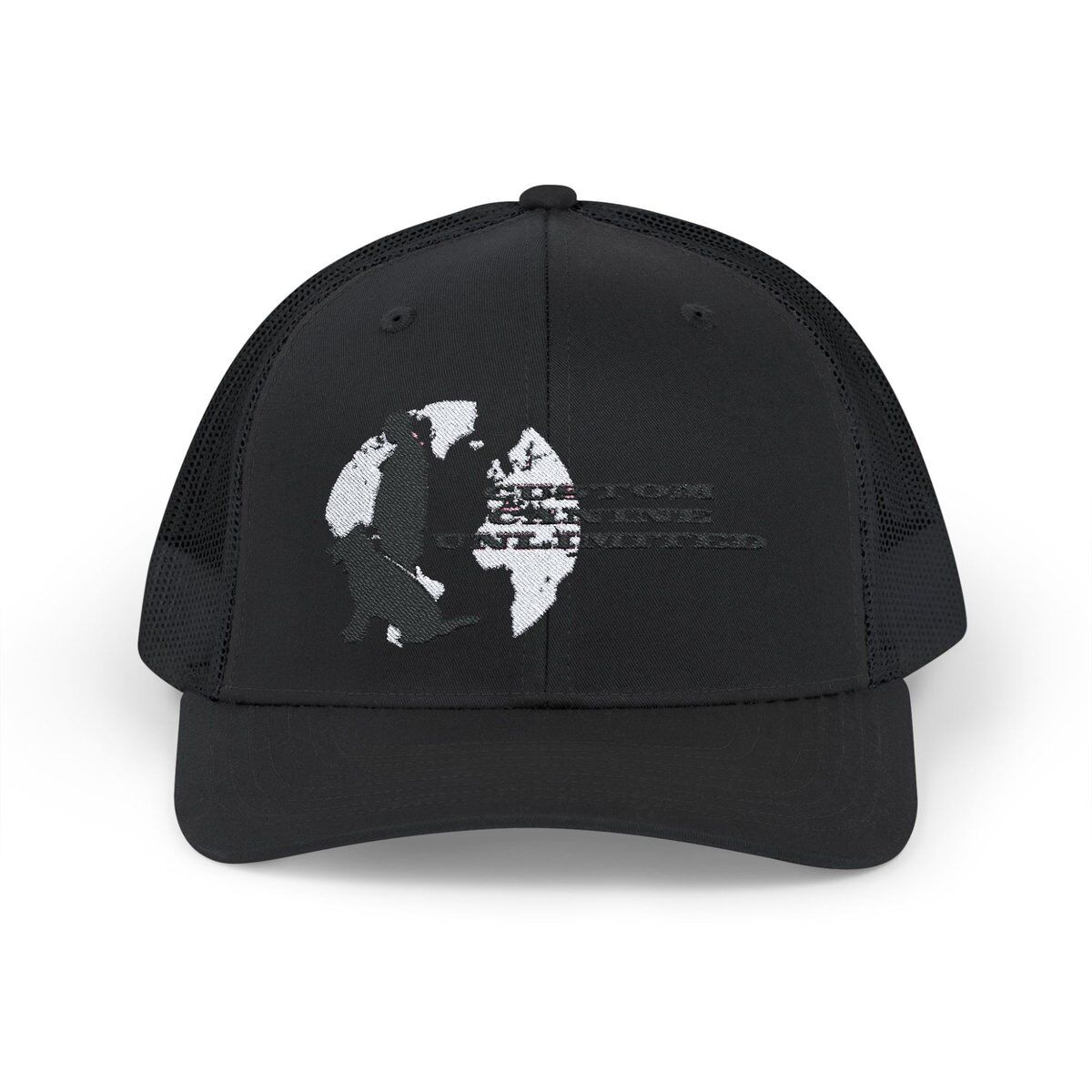 Trucker Cap with Black Custom Canine Unlimited Logo on White Globe with Name - Image 25