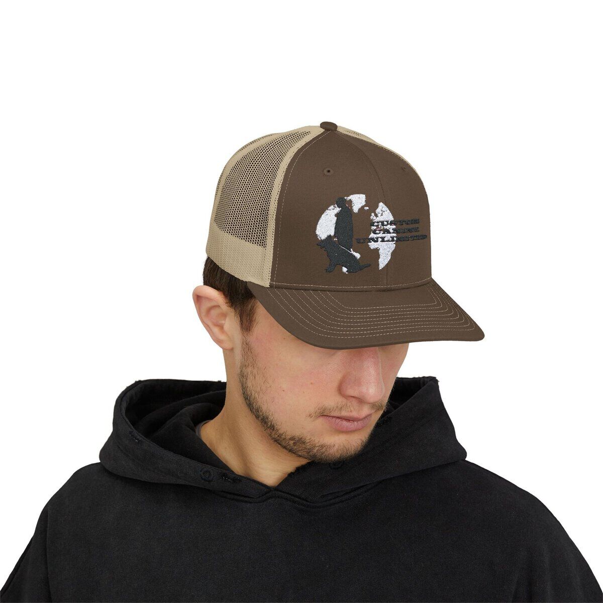 Trucker Cap with Black Custom Canine Unlimited Logo on White Globe with Name - Image 39