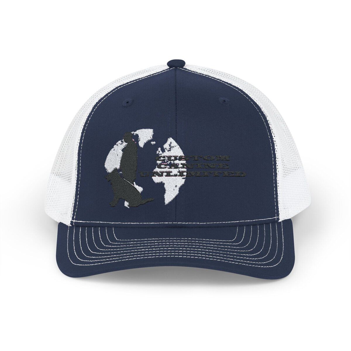 Trucker Cap with Black Custom Canine Unlimited Logo on White Globe with Name - Image 5