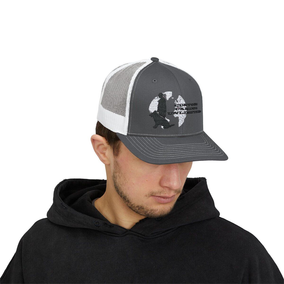 Trucker Cap with Black Custom Canine Unlimited Logo on White Globe with Name - Image 23
