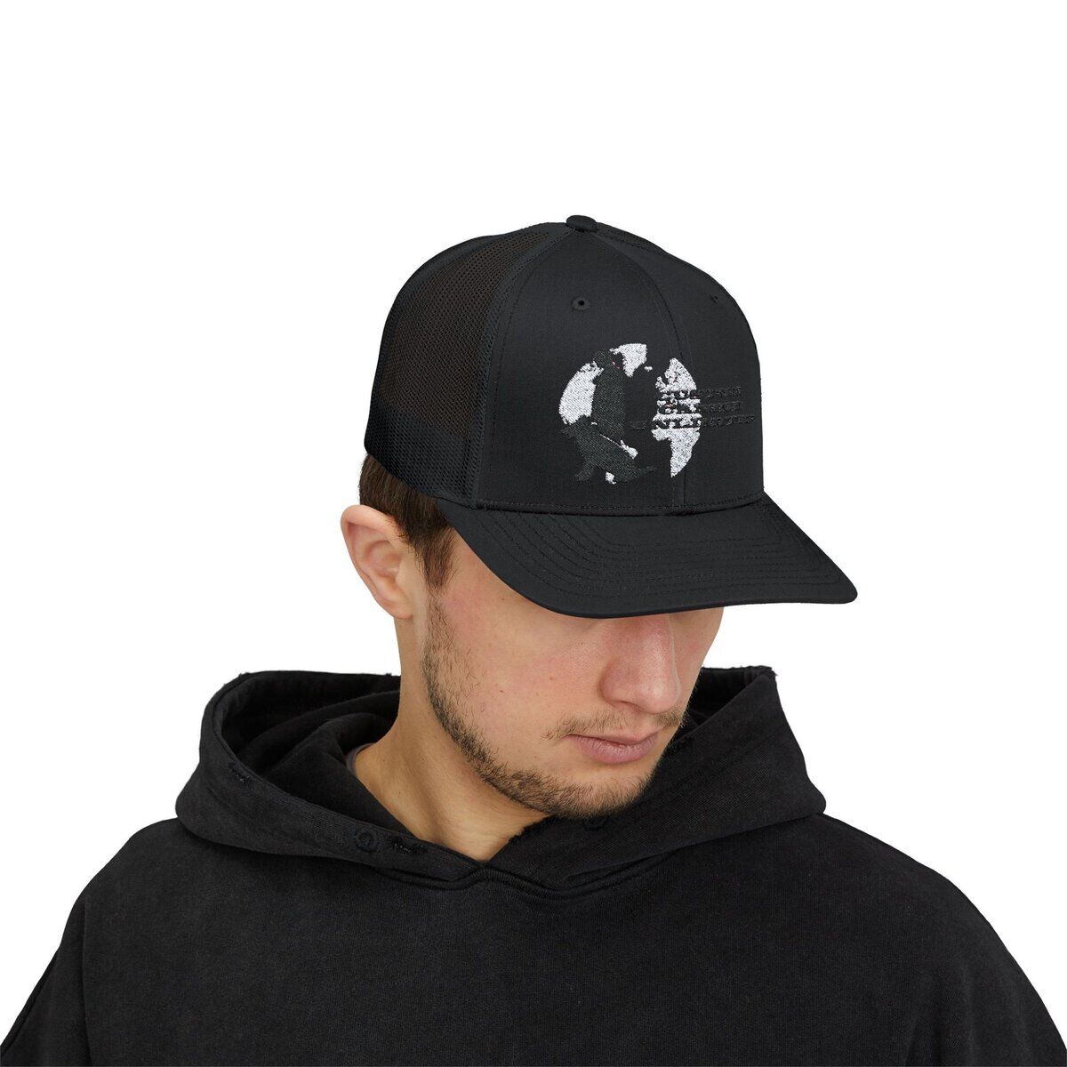 Trucker Cap with Black Custom Canine Unlimited Logo on White Globe with Name - Image 27