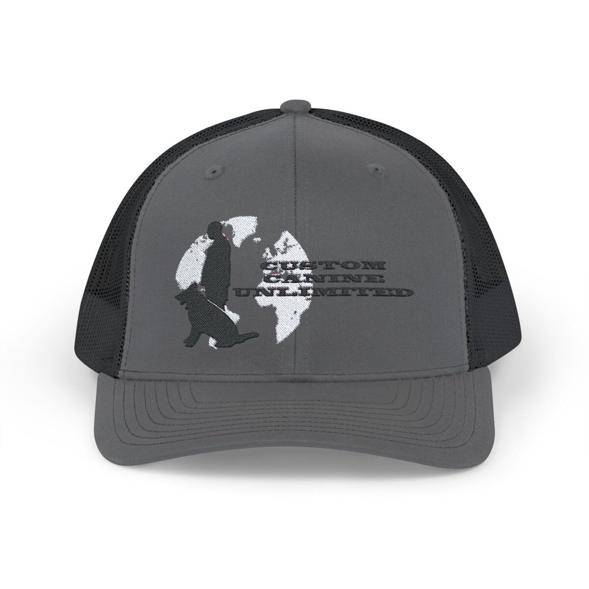 Trucker Cap with Black Custom Canine Unlimited Logo on White Globe with Name - Image 9