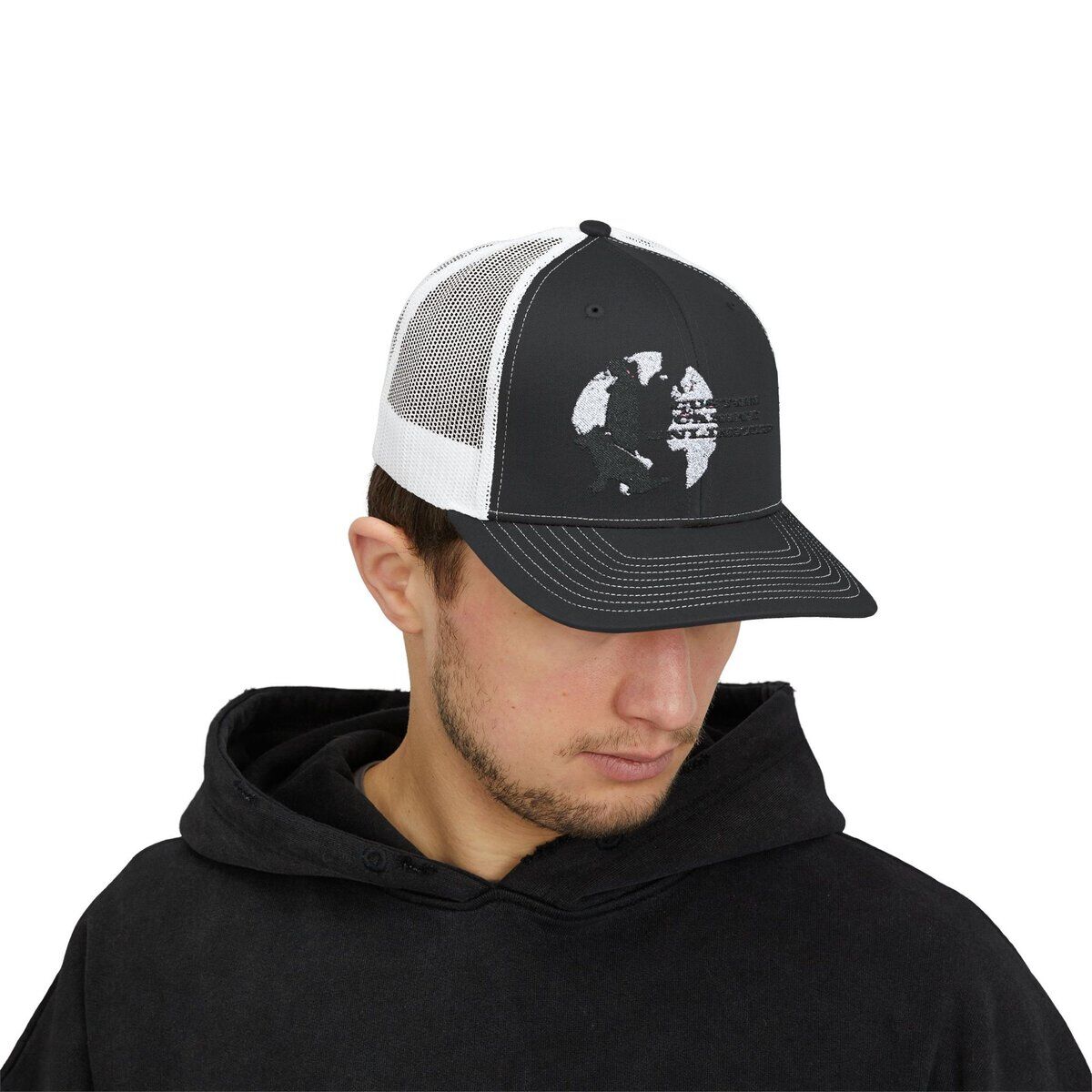Trucker Cap with Black Custom Canine Unlimited Logo on White Globe with Name - Image 13