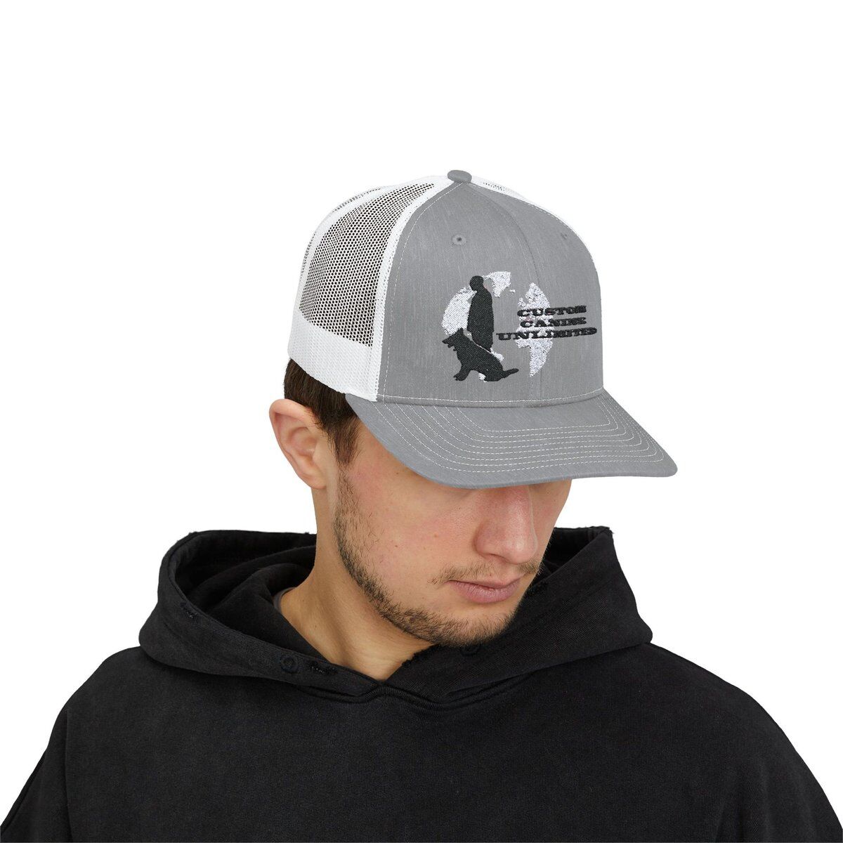 Trucker Cap with Black Custom Canine Unlimited Logo on White Globe with Name - Image 19