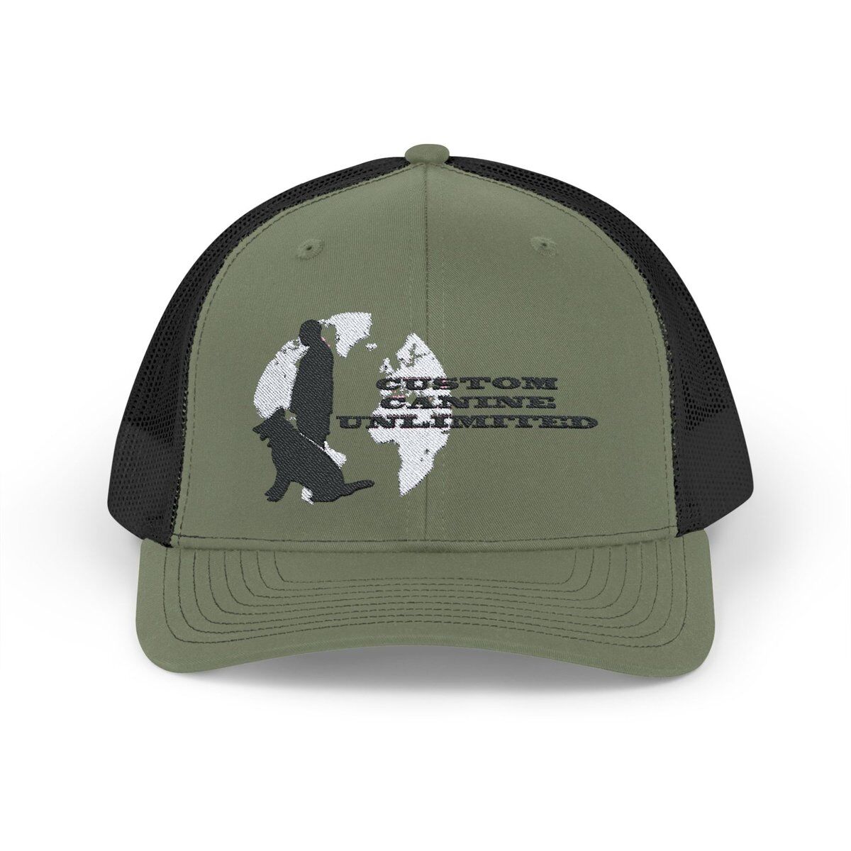 Trucker Cap with Black Custom Canine Unlimited Logo on White Globe with Name - Image 33