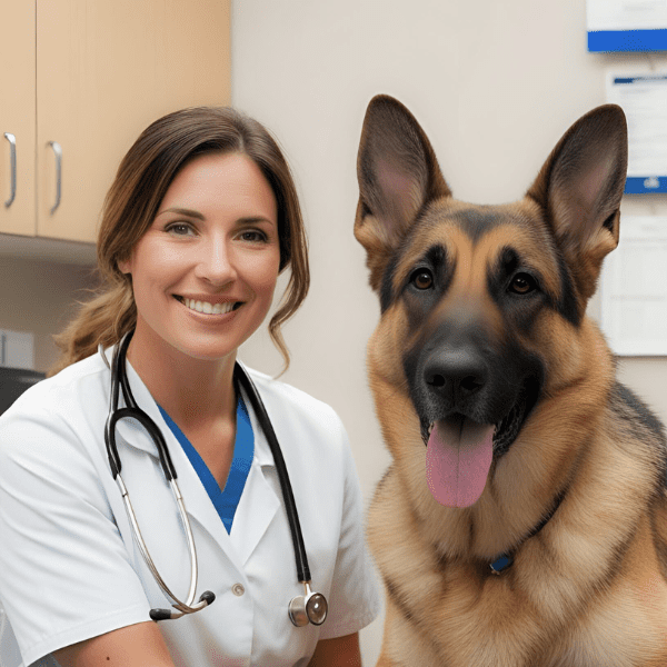 Preventative Care for Dogs German Shepherd and Veterinarian in a Veterinarian office