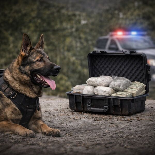K9 drug detection training with police dog and seized narcotics for law enforcement.